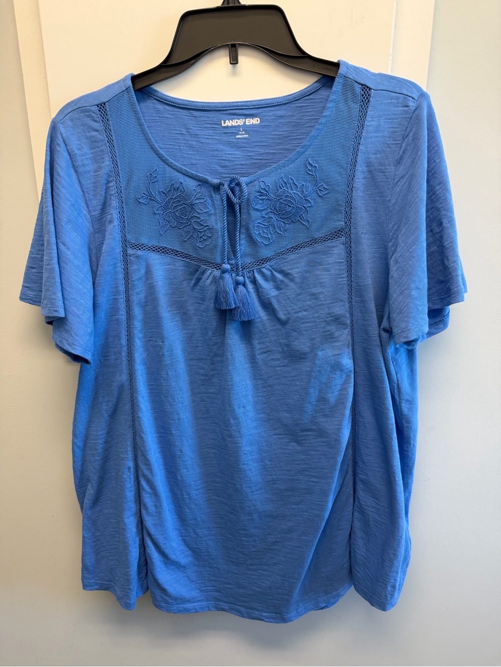 Lands' End Women's Royal Blue Embroidered Tassel Tie Top